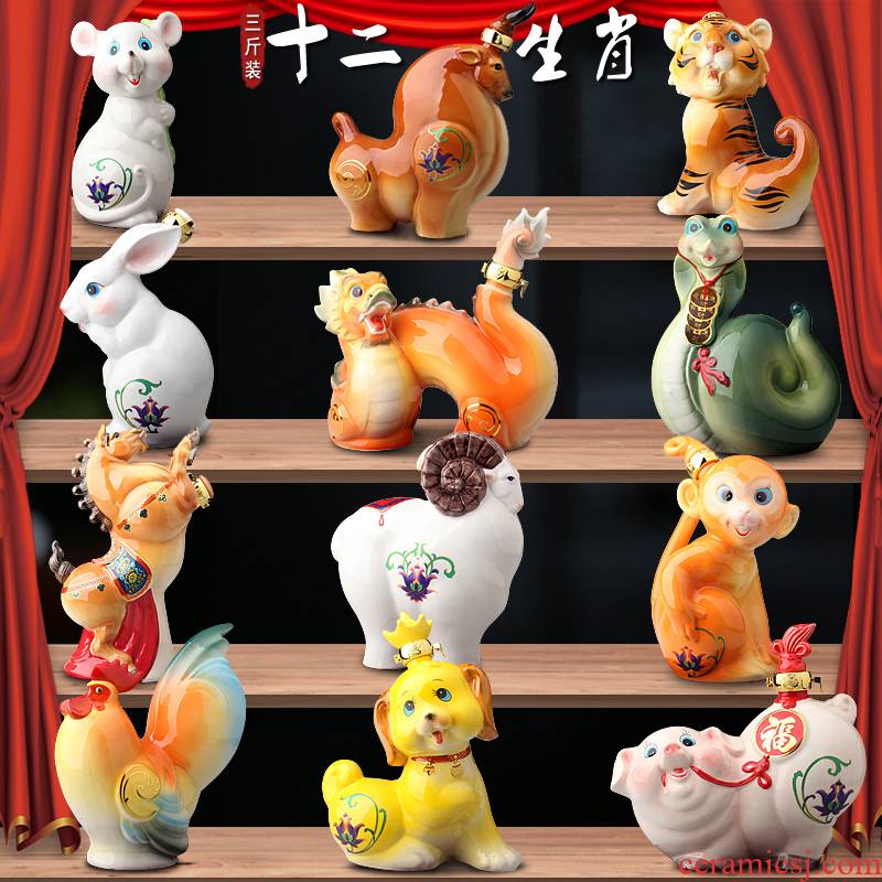 Jingdezhen ceramic bottle jars 3 jins colored enamel cartoon zodiac decoration seal wine
