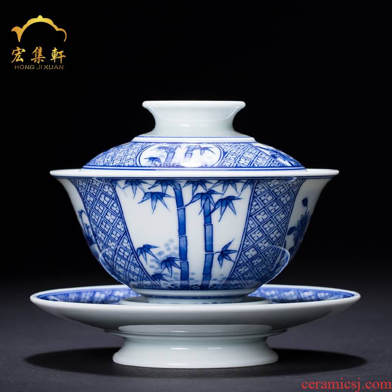 Jingdezhen blue and white tureen bamboo mei hand - made ceramic bowl large tea worship blue three cups heavy industry to use