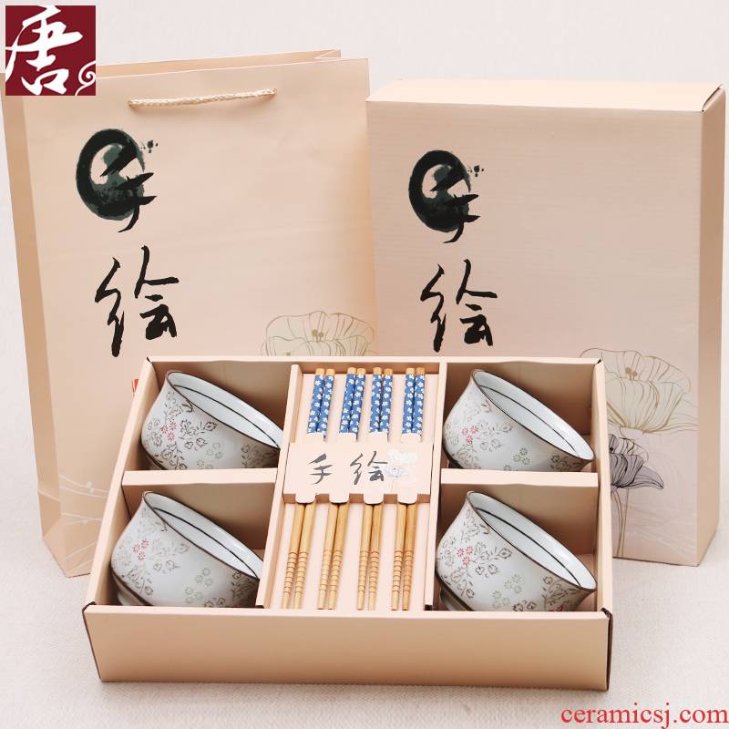 Japanese ceramic bowl to eat small bowl chopsticks combination suit household rice bowls express picking students tableware gift boxes