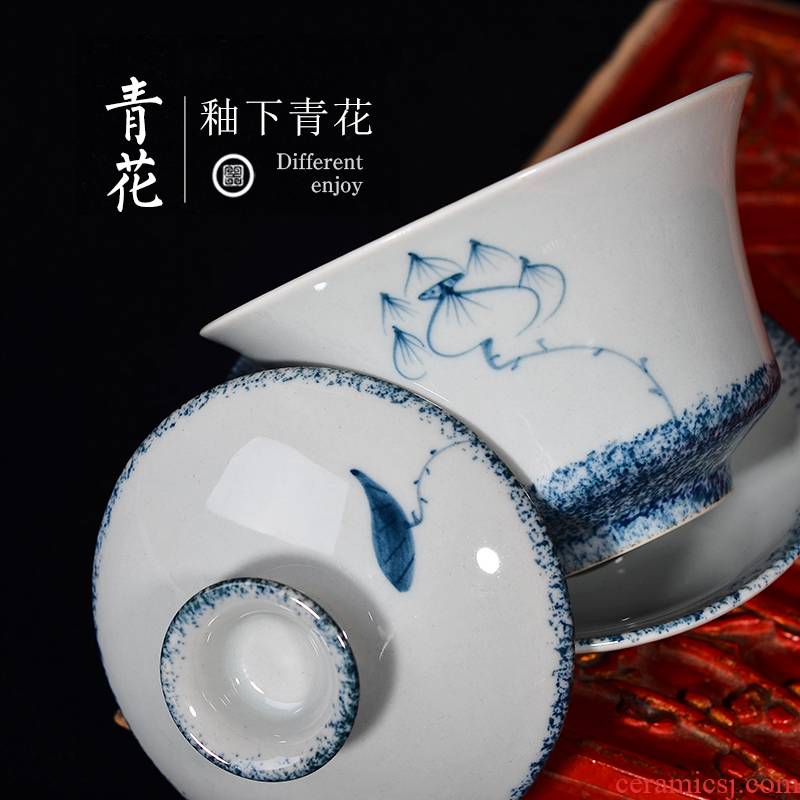 Jingdezhen hand - made tureen of blue and white porcelain ceramic only three cups of tea bowl of ancient porcelain cups retro kung fu tea set