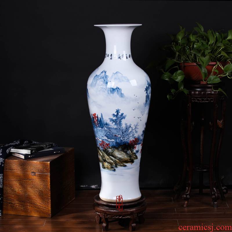 Jingdezhen ceramic hand - made under high temperature and glaze color blue and white landscape sitting room big furnishing articles household geomantic ground vase