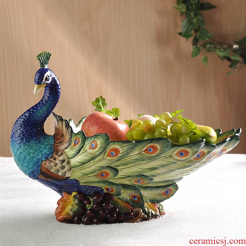 Creative ceramic fruit bowl sitting room of Chinese style compote high - grade household adornment household fruit bowl peacock furnishing articles