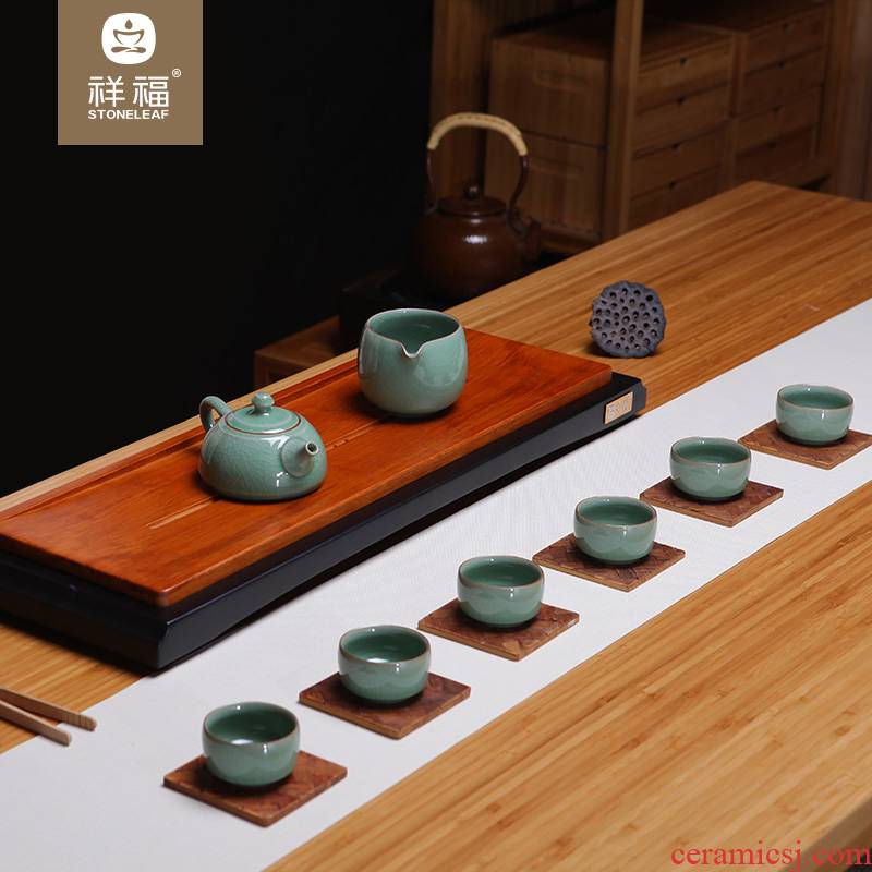 Auspicious fu tea sets elder brother of longquan celadon kung fu tea ice crack can raise the teapot teacup green hill