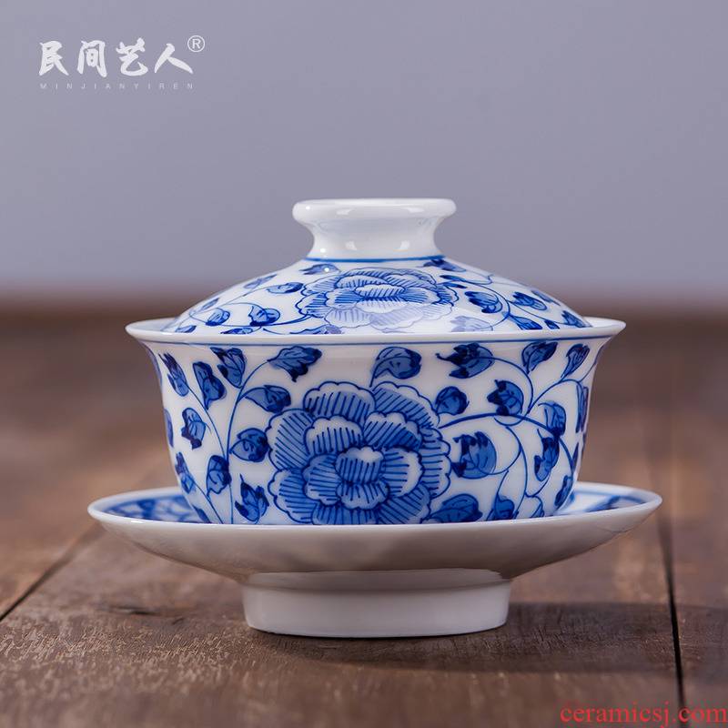 Jingdezhen ceramic hand - made archaize peony tureen kung fu tea cups three of the bowl bowl to bowl a finger bowl