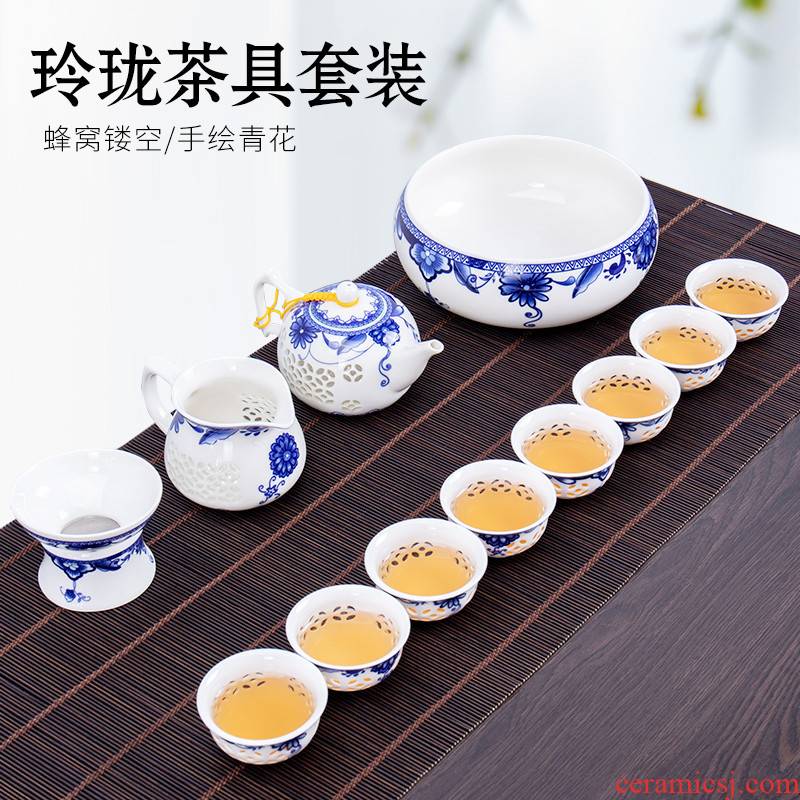 Jane home a complete set of blue and white porcelain quality and exquisite tea sets tea pot lid bowl of hollow ceramic teapot teacup