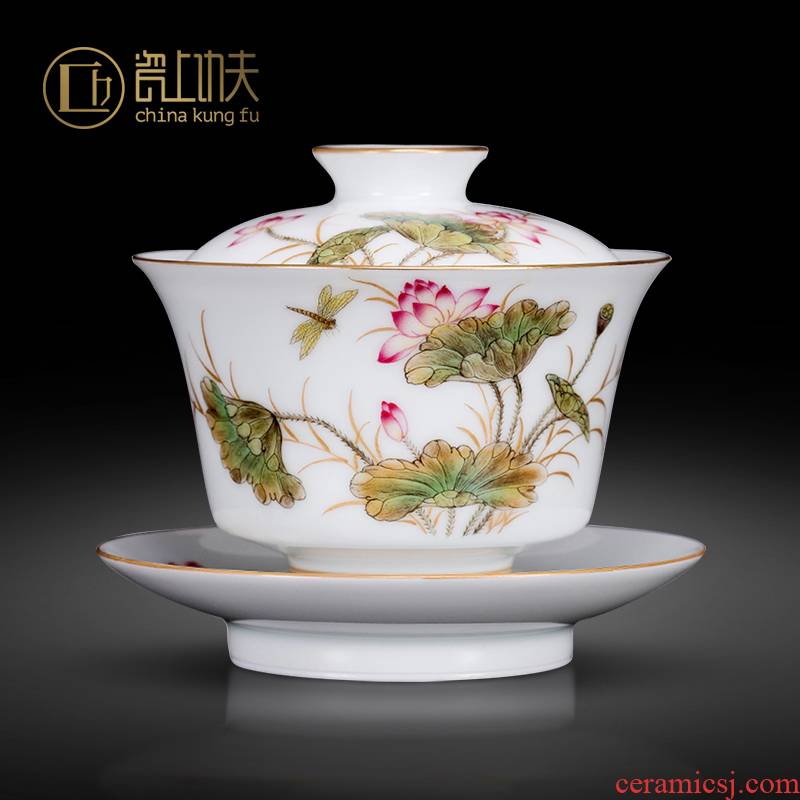 Pure manual colored enamel only three tureen jingdezhen ceramic kung fu tea set large bowl tea tureen tea cups
