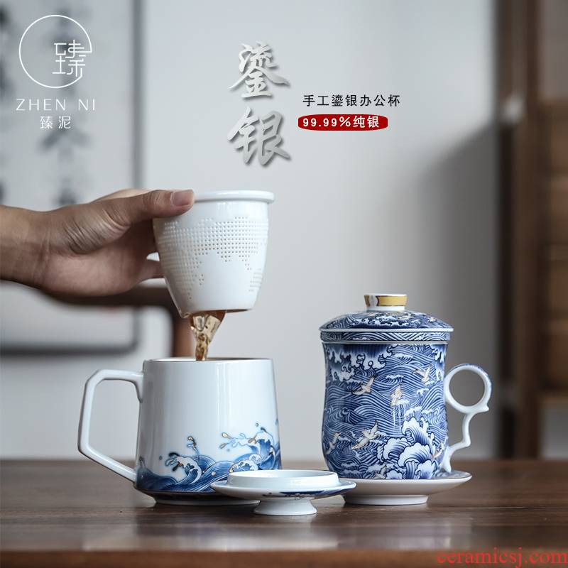 By mud tasted silver ceramic keller household with cover filter silver gilding jingdezhen colored enamel office cup tea cup
