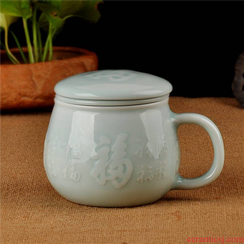 Jingdezhen ceramic cups shadow blue cup tea cup cup boss cup water bottle with filter a good three cups