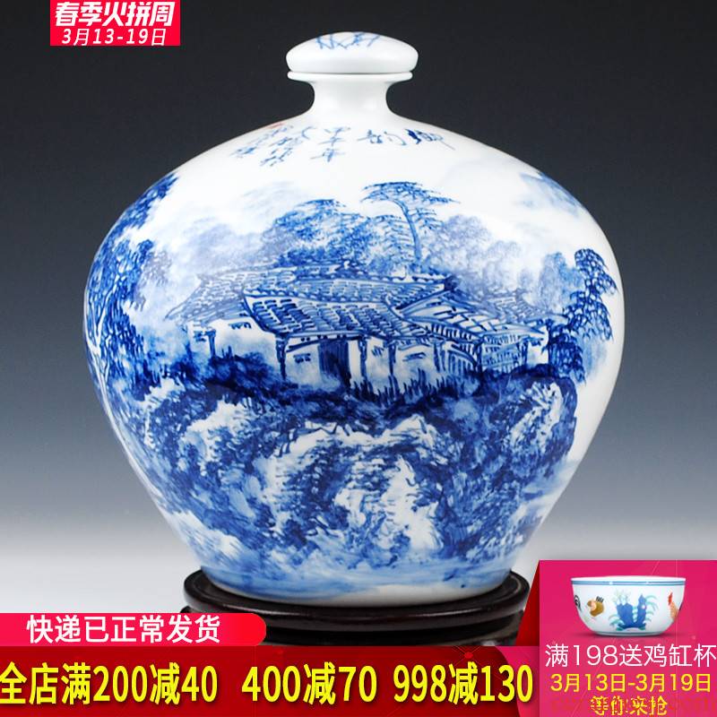 Jingdezhen Wu Wenhan famous blue and white landscape painting hand - made ceramic terms 15 kg bottle pack jars wine collection
