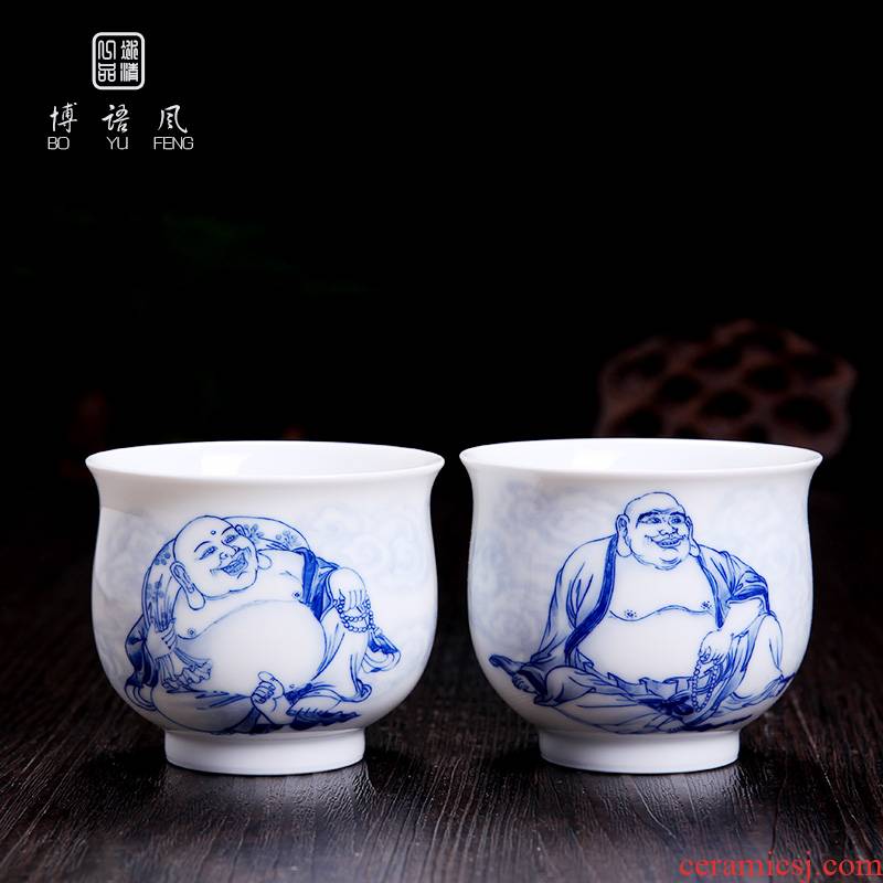 Above jade [naijing] jingdezhen ceramic pressure hand cup hand - made of blue and white porcelain Buddha master cup cup home collection