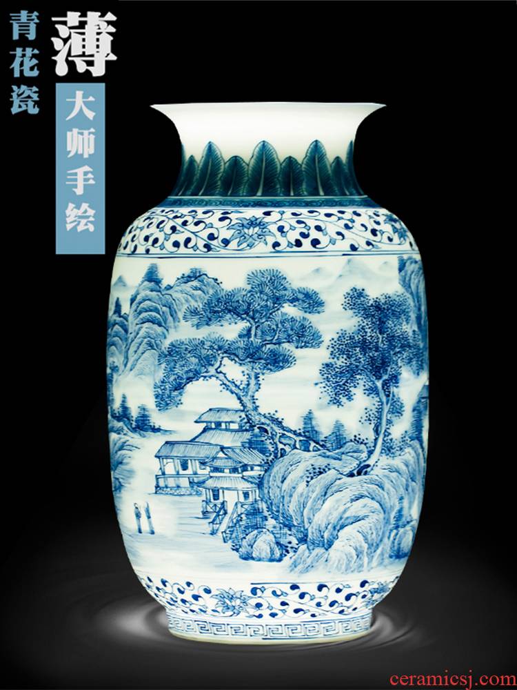 Jingdezhen ceramics famous hand - made scenery thin body of blue and white porcelain vase of new Chinese style household, sitting room adornment is placed