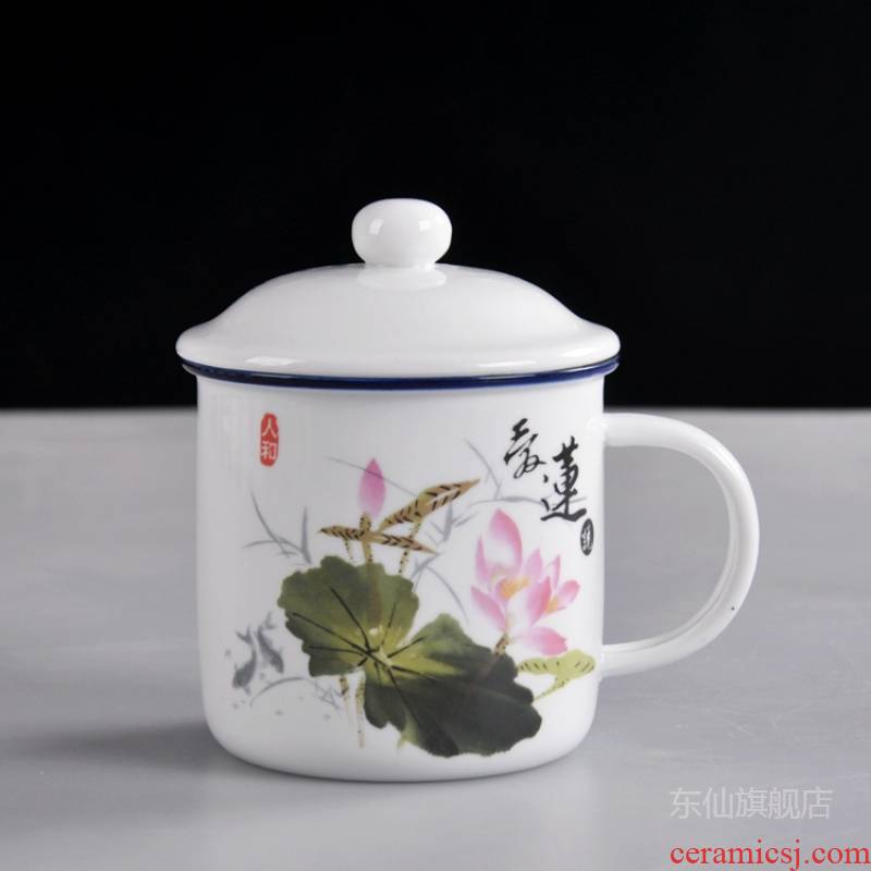 Large ceramic keller cup with cover move classic nostalgic retro imitation enamel cup tea urn the custom office