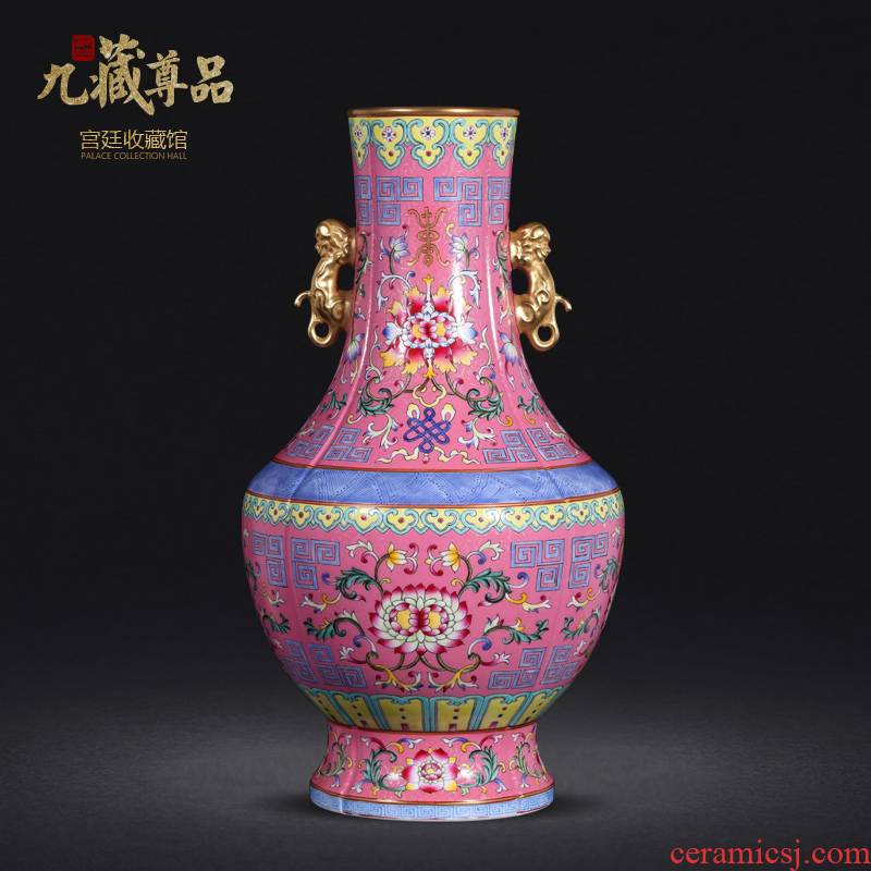 Jingdezhen ceramics powder imitation the qing qianlong pastel to tie up branch lines double lion ear vase collection crafts