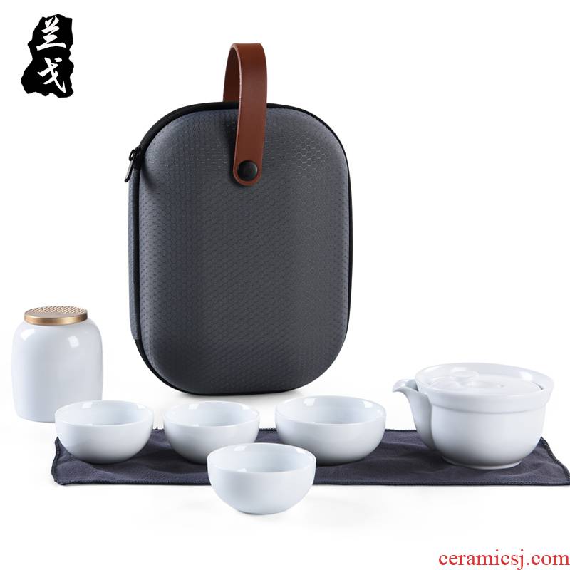 Orchid travel gold mineralization white porcelain tea set suit small household set to receive ceramic cups portable bag coarse pottery crack cup
