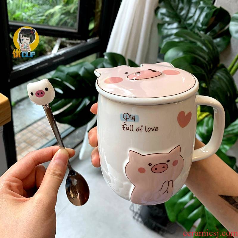 Creative cartoon ceramic cup pig mugs pink girl heart children students spoon, milk coffee cup with cover