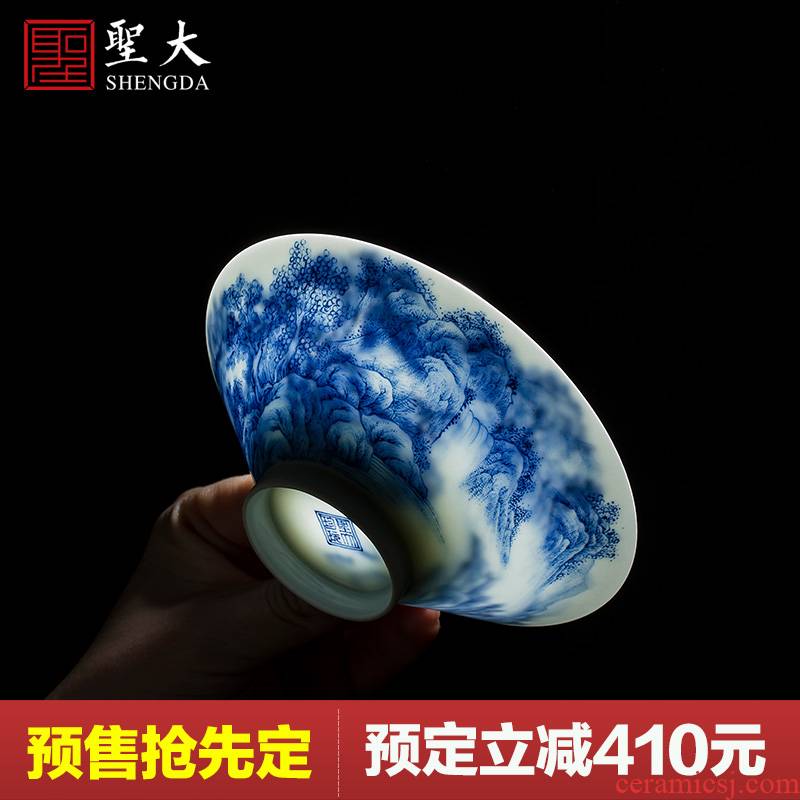 St the ceramic hat cup thin foetus hand - made jingdezhen blue and white landscape hat to heavy light tea kungfu masters cup