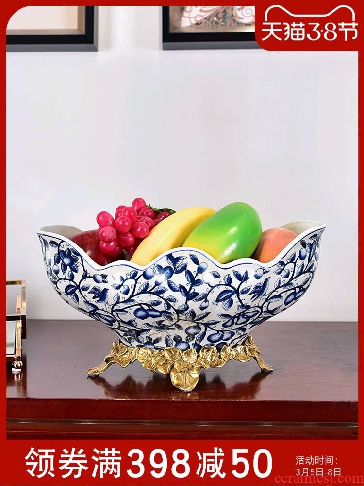 New Chinese style metal ceramic bowl of blue and white porcelain tea table decoration light key-2 luxury furnishing articles American fruit bowl high household
