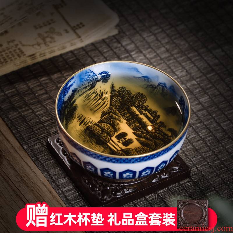 Blue and white landscape painting of owl up with jingdezhen ceramic checking master cup single cup large - sized pu - erh tea cup gift tea set