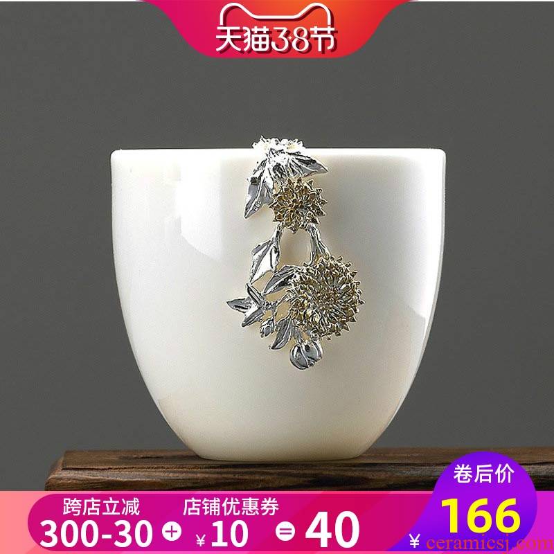 Kung fu noggin single sample tea cup ceramic tea set master cup bowl household white porcelain inlay silver single CPU fragrance - smelling cup