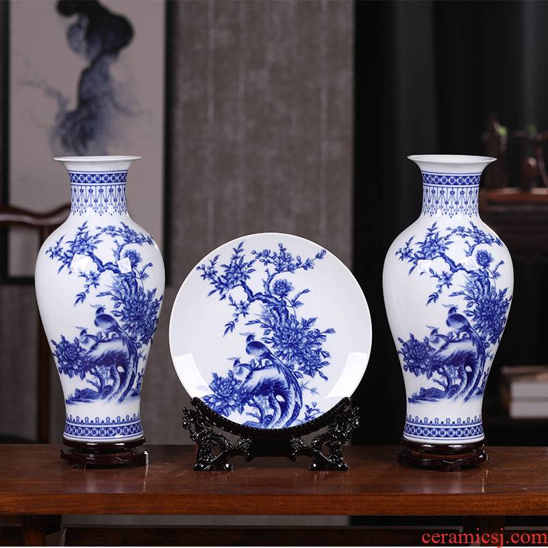Jingdezhen blue and white porcelain ceramic vase large three - piece suit of new Chinese style furnishing articles wine accessories flower arranging living room