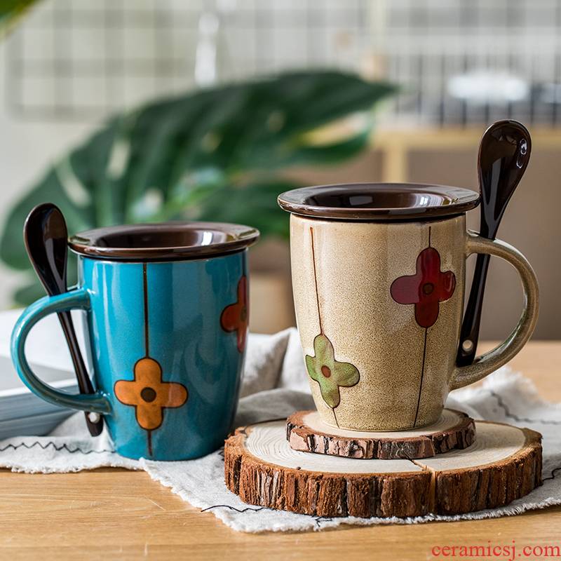 Youcci porcelain flowers move lucky grass leisurely glass ceramic cups with cover with a spoon, keller of coffee cup