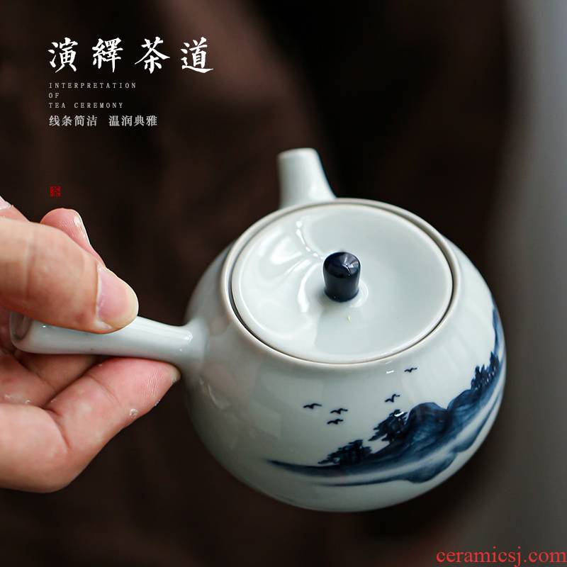 Earth story side put pot of kung fu tea tea contracted household modern Japanese ceramics jingdezhen blue and white porcelain