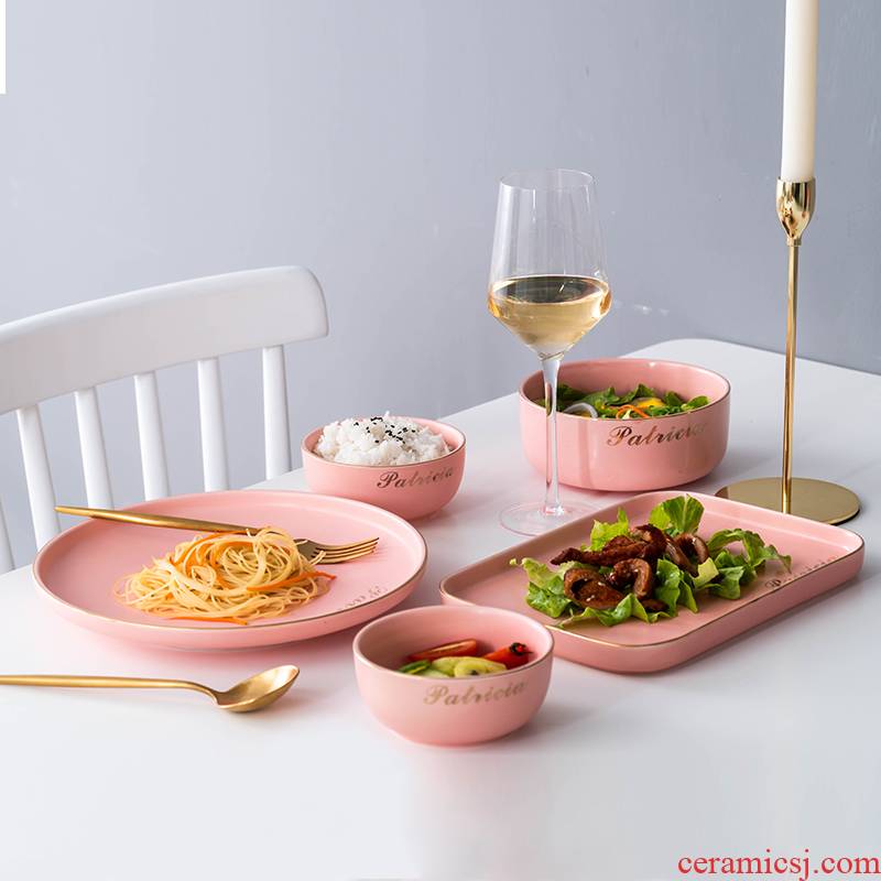 Home eat rice bowl dumb light pink tableware suit European dish dish soup bowl Nordic up phnom penh ceramic rice bowl chopsticks