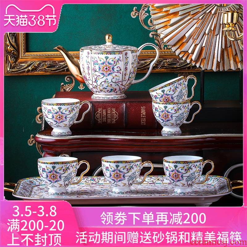Coffee cup with a suit of household ceramics cup tray was water sitting room with a light European - style key-2 luxury flower tea kettle gift box