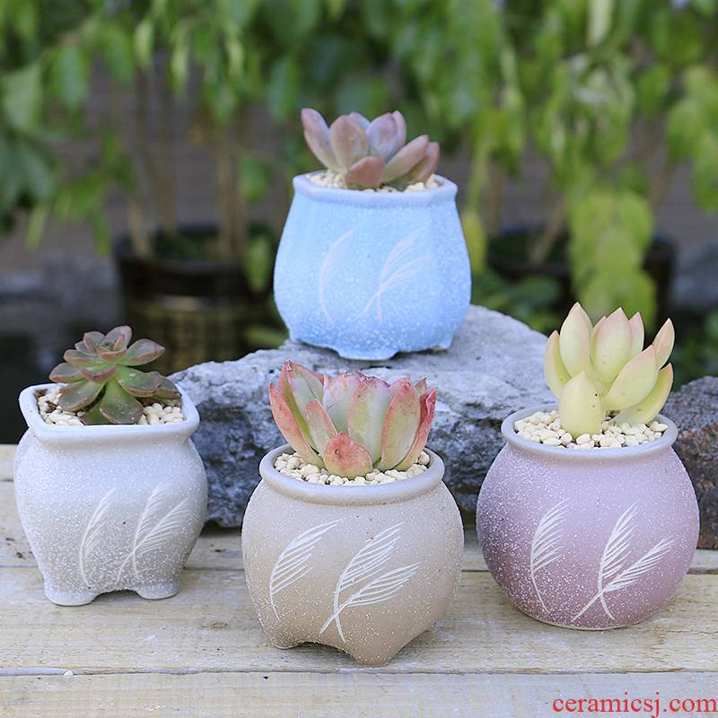 Fleshy ceramics ancient small cylinder breathable old running the flowerpot Chinese wind restoring ancient ways classical miniature potted green plant flower POTS