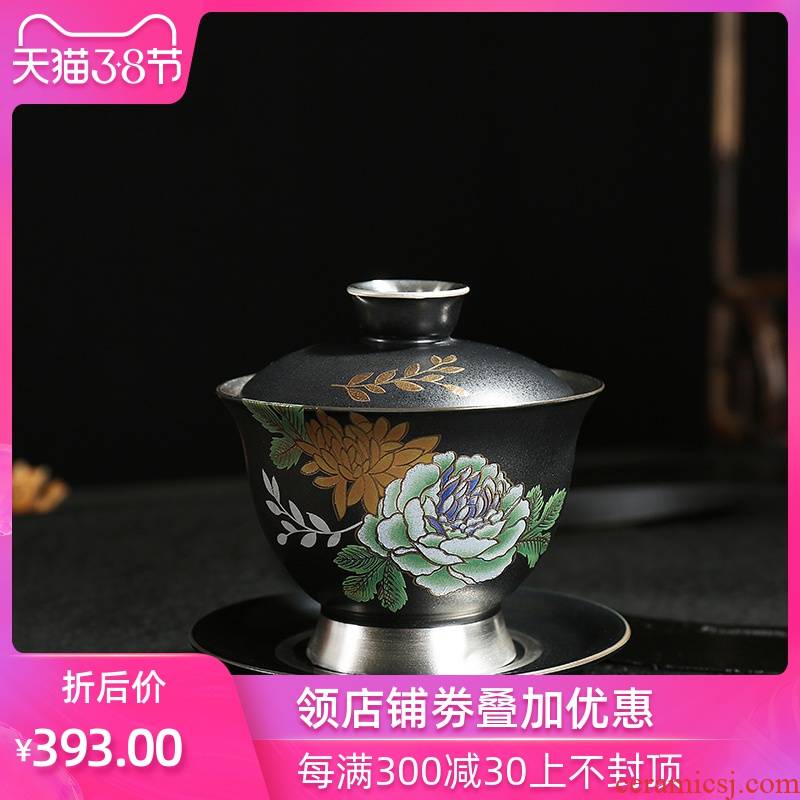 Kung fu tea tea tasted silver gilding craft operators to make tea tureen ceramic bowl on flower process large bowl to bowl