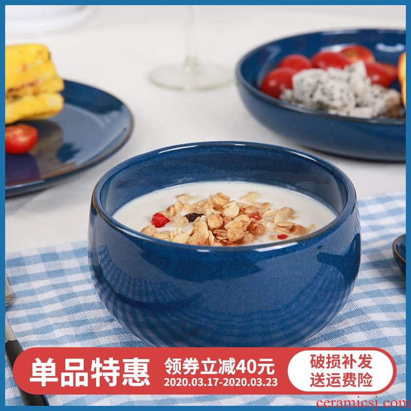 Yuquan blue rhyme Korean rice bowls a single household food dish soup plate ceramic plate large soup bowl rainbow such use