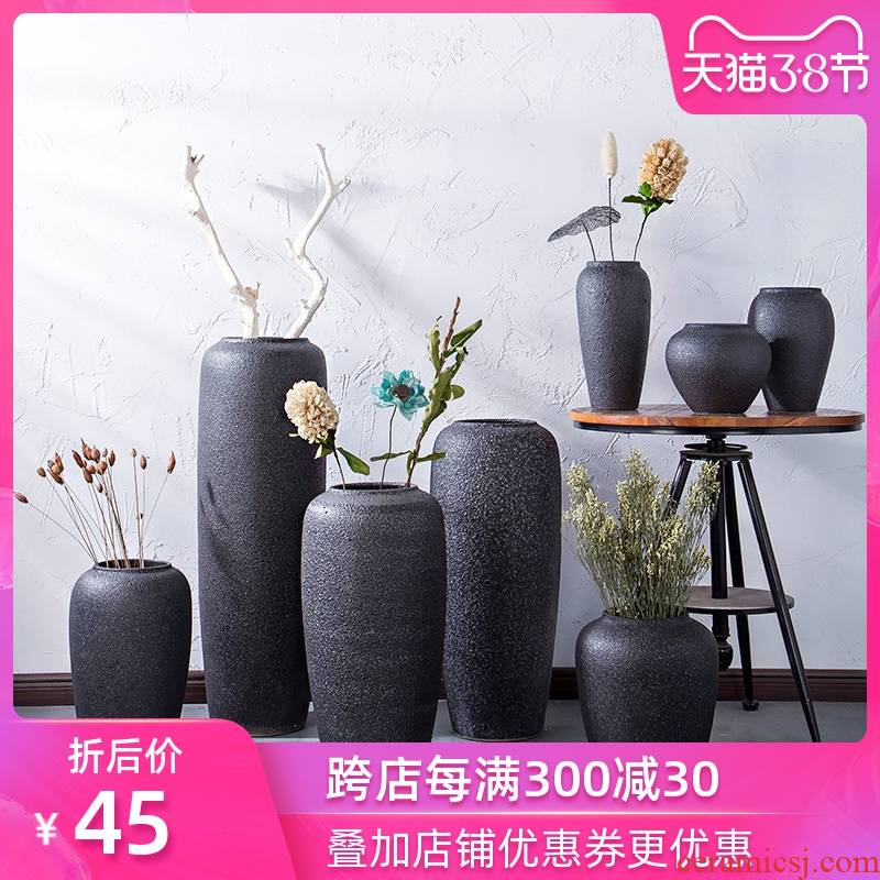Jingdezhen ceramic black ground coarse pottery vases, I and contracted sitting room of dried flowers flower arrangement furnishing articles manually basin of restoring ancient ways