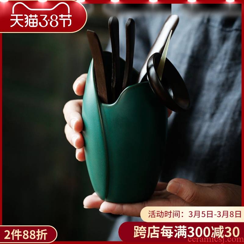ShangYan ceramic tea six gentleman 's suit black TanZhu wood grain kung fu tea accessories tea spoon ChaGa tea is a complete set