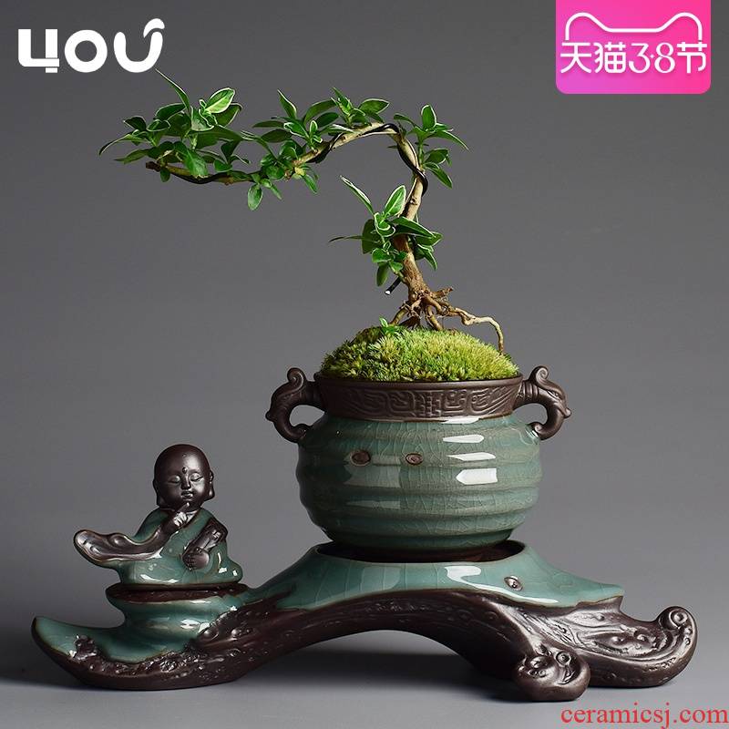 Elder brother up POTS zen composite ceramic creative purple asparagus bonsai pot young monk home furnishing articles in the living room