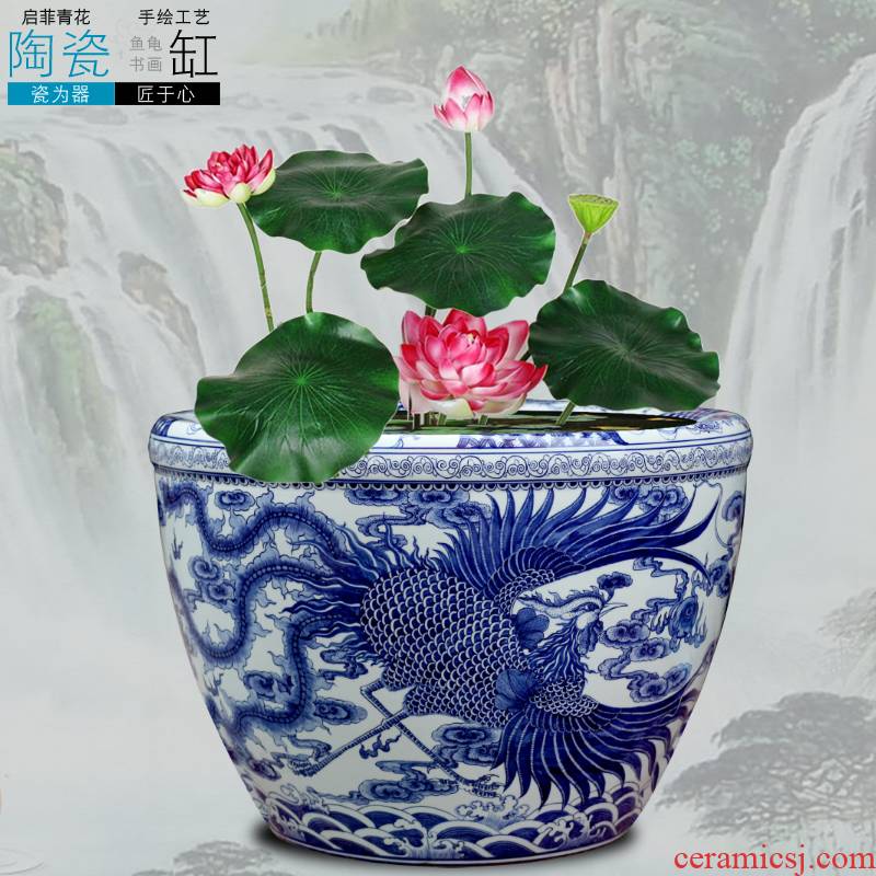Jingdezhen porcelain VAT blue and white porcelain ceramic aquarium longfeng brocade carp cylinder lotus hotel backyard furnishing articles furnishing articles