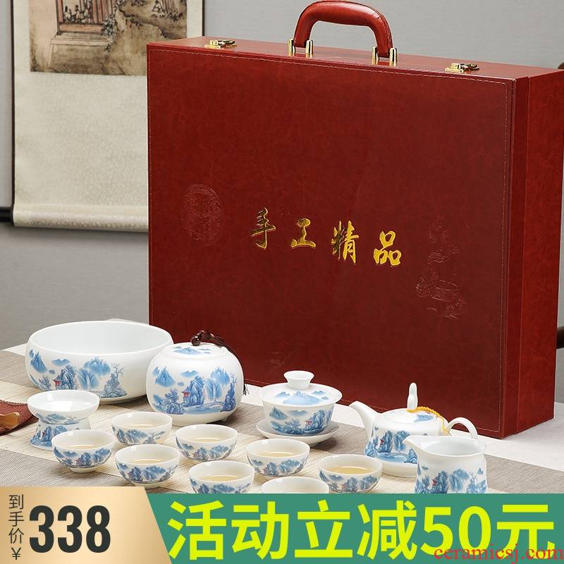 Ceramic tea set household jingdezhen porcelain thin body is kung fu tea cup lid bowl of high - end gift box