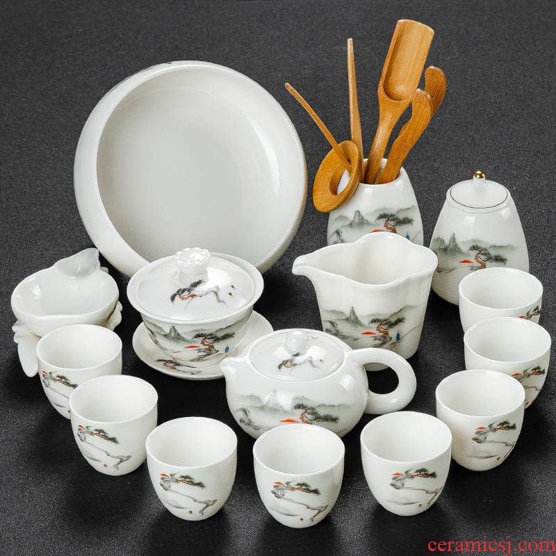 NiuRenDe the suet jade white porcelain kung fu tea set home sitting room tureen ceramic tea cup tea tea set