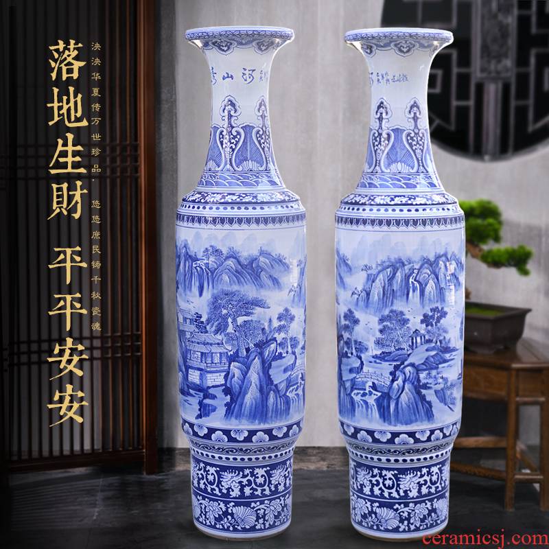 Jingdezhen blue and white landscape of large ceramic hand - made vases opening gifts Chinese style villa hotel decoration furnishing articles