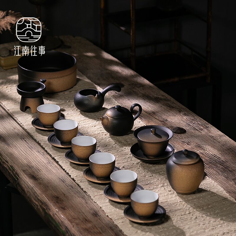 Jiangnan past tureen tea set fu jade and coarse ceramic kung fu tea set household Chinese teapot set