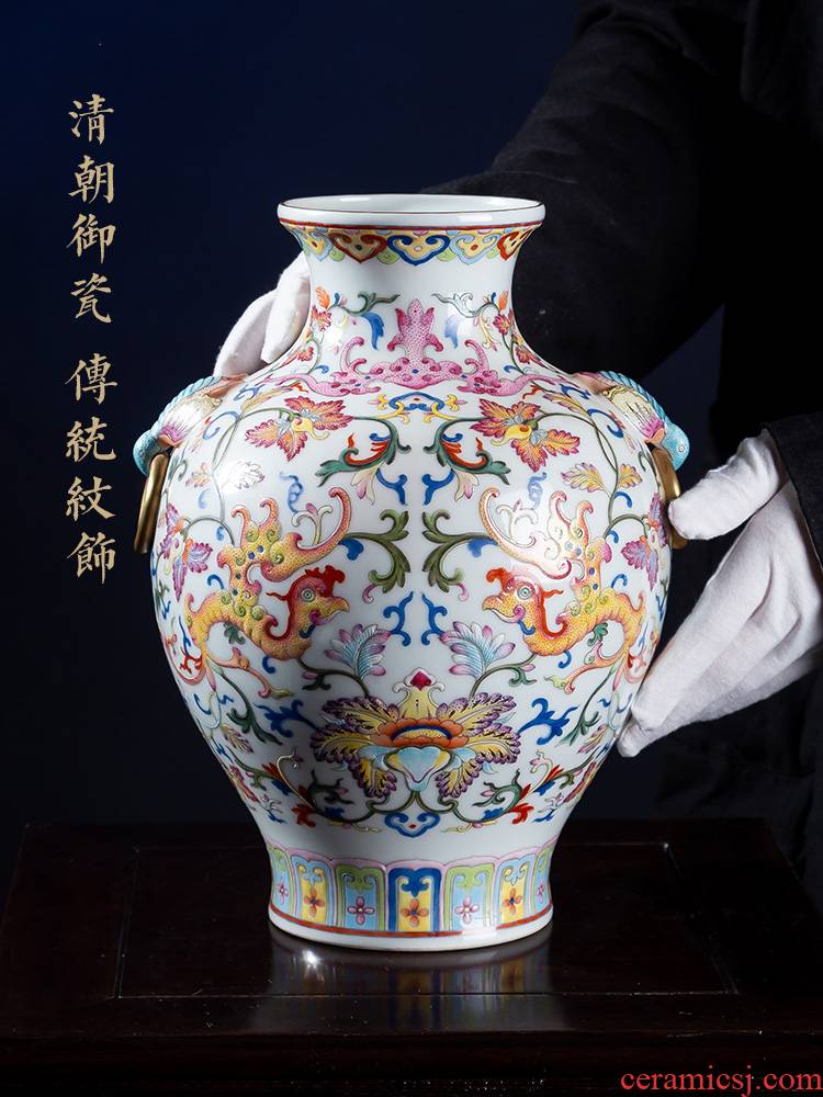 Jia lage jingdezhen ceramic vase YangShiQi pastel bound and name lotus flower ears hand - made porcelain furnishing articles