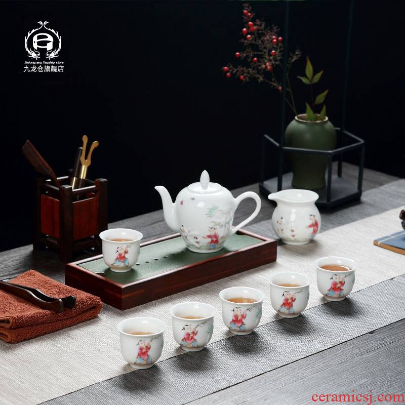 DH jingdezhen kung fu tea set contracted household small hand - made glass ceramic cups enamel teapot by hand
