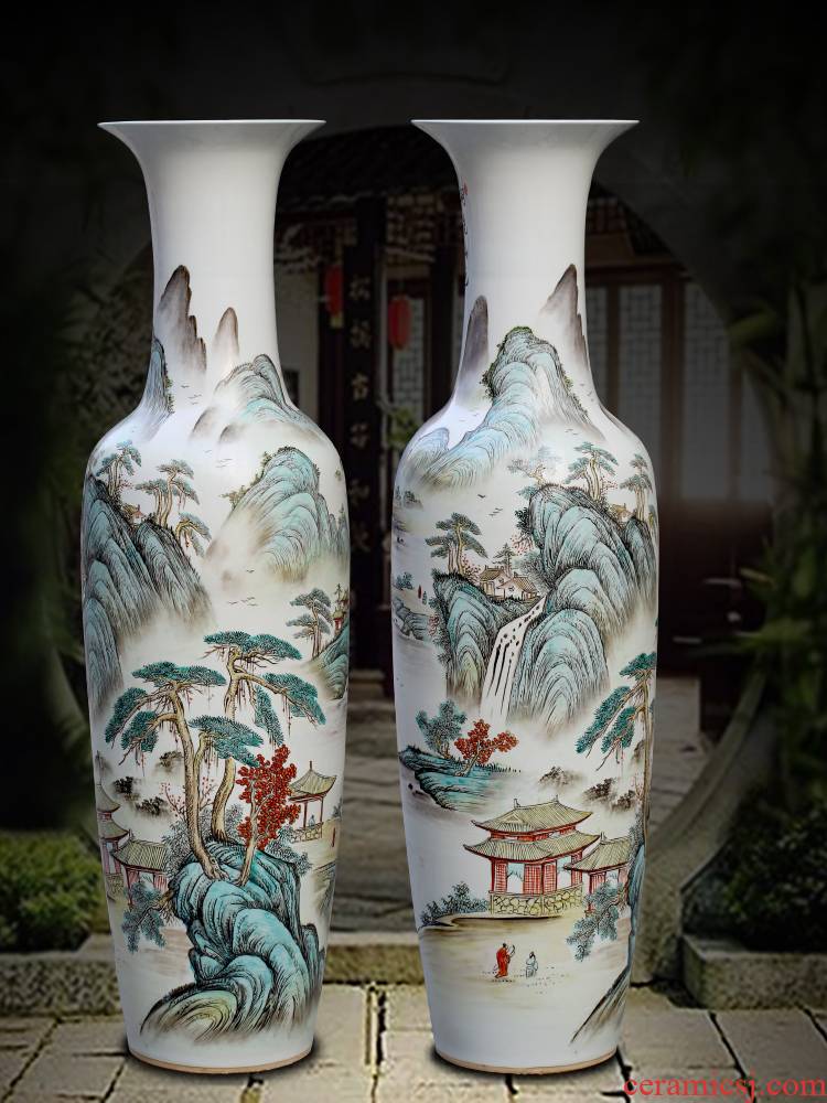 Jingdezhen ceramics powder enamel handpainted landscape ground sitting room big vase household of Chinese style decorative furnishing articles