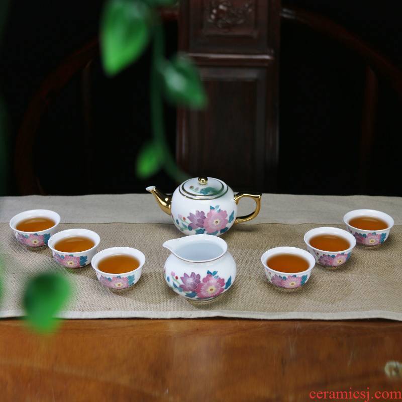 A complete set of new ceramic kung fu tea set under the glaze color hand - made teapot gift six cups of tea