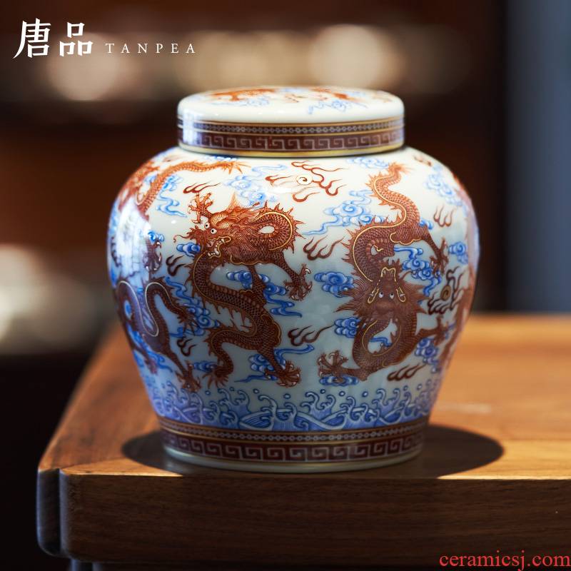 Tang Pin alum red enamel and Kowloon grain caddy fixings word water day can jingdezhen ceramic antique collection furnishing articles by hand