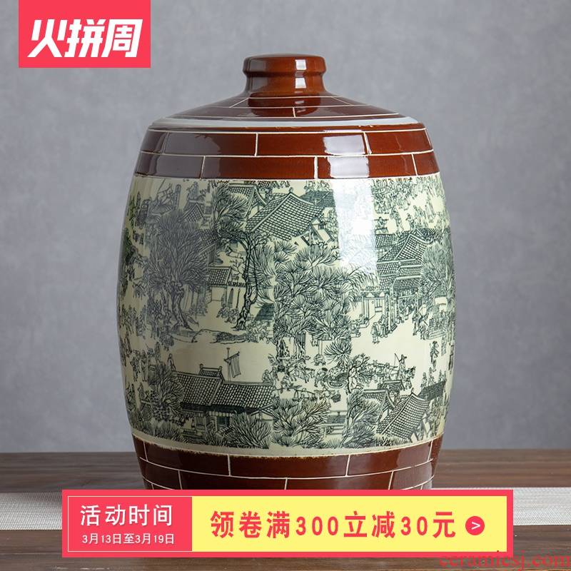 Jingdezhen ceramic barrel ricer box 50 pounds to rice storage box with cover qingming scroll flour barrels of household seal pot