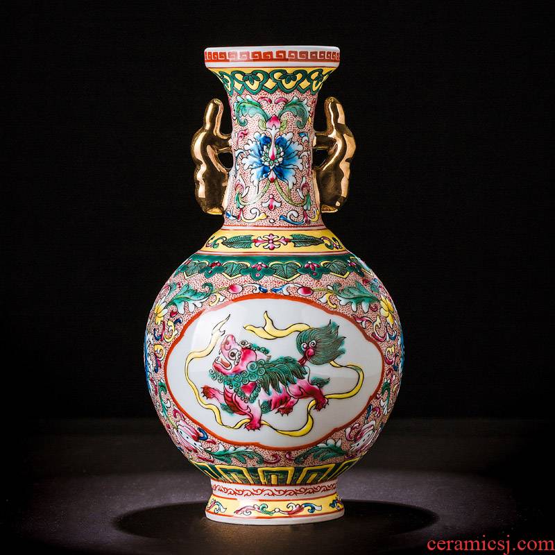 Jingdezhen ceramic antique colored enamel vase flower arranging Chinese sitting room adornment rich ancient frame furnishing articles handicraft restoring ancient ways