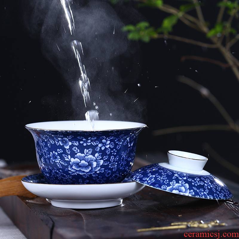 Jingdezhen ceramic blue tureen three to bowl tea hot tea cups white porcelain three medium bowl bowl pot