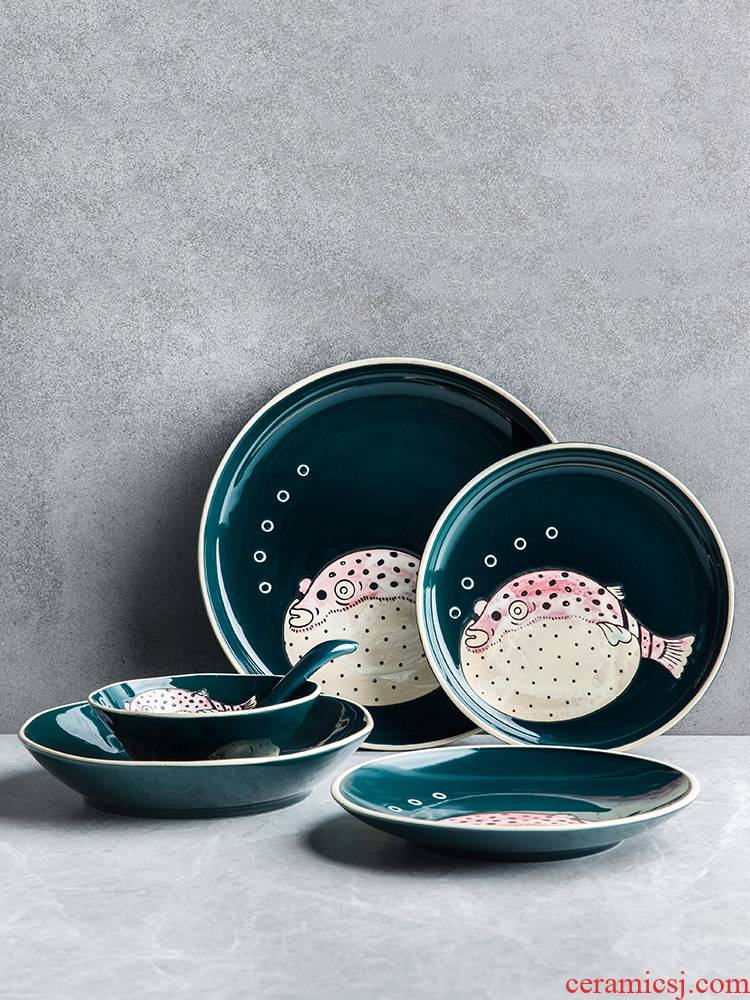 Nordic ceramic tableware, animated cartoon children tableware household FanPan drop soup plate salad bowls of rice bowls