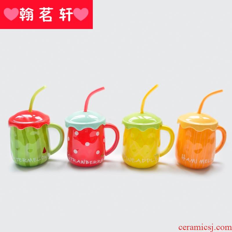 Glass ceramic creative move trend mark cup with cover teaspoons of contracted water cup domestic pot - bellied children milk cup