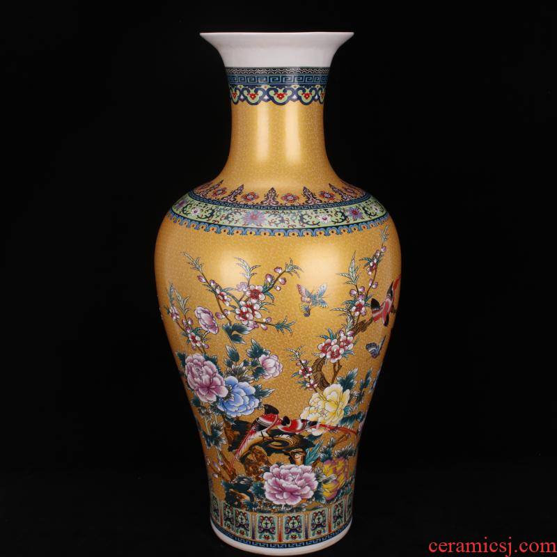 Jingdezhen imitation qianlong antique colored enamel in yellow flowers and birds landing big goddess of mercy bottle Chinese style classical Ming and the qing dynasty vase